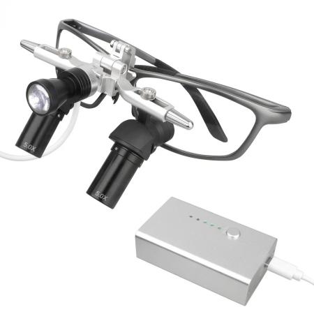 Occhiali ingrandenti Ergo dentali 5,0X con regolazione della distanza interpupillare + Faro LED 5W