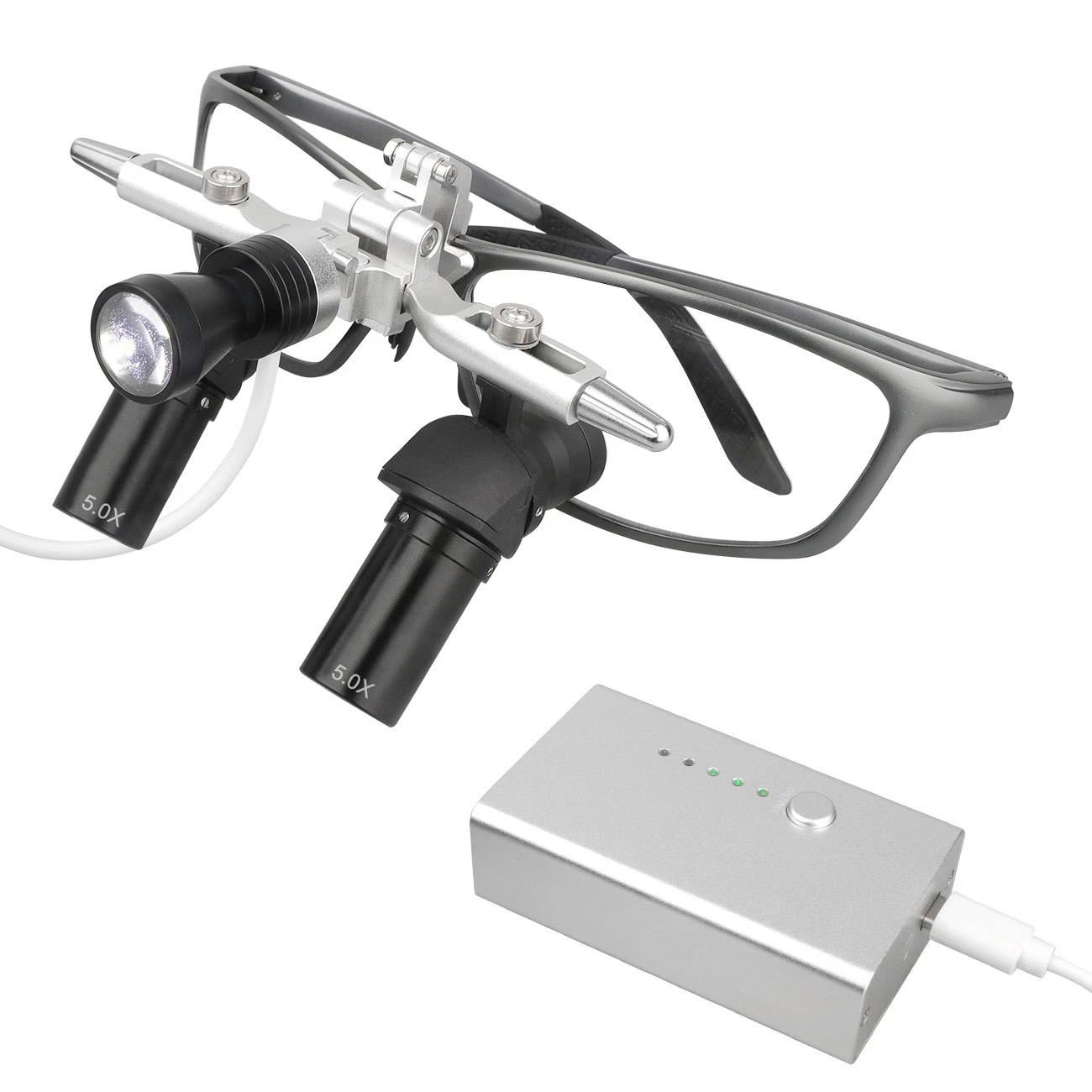 Occhiali ingrandenti Ergo dentali 5,0X con regolazione della distanza interpupillare + Faro LED 5W