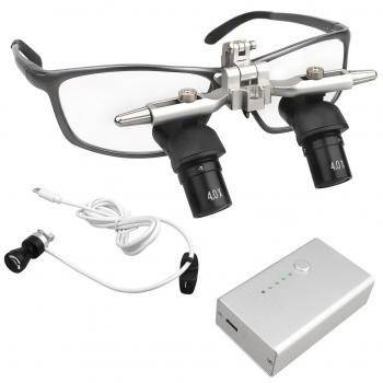 Occhiali ingrandenti Ergo dentali 4,0X 48° con regolazione della distanza interpupillare + Faro LED 5W