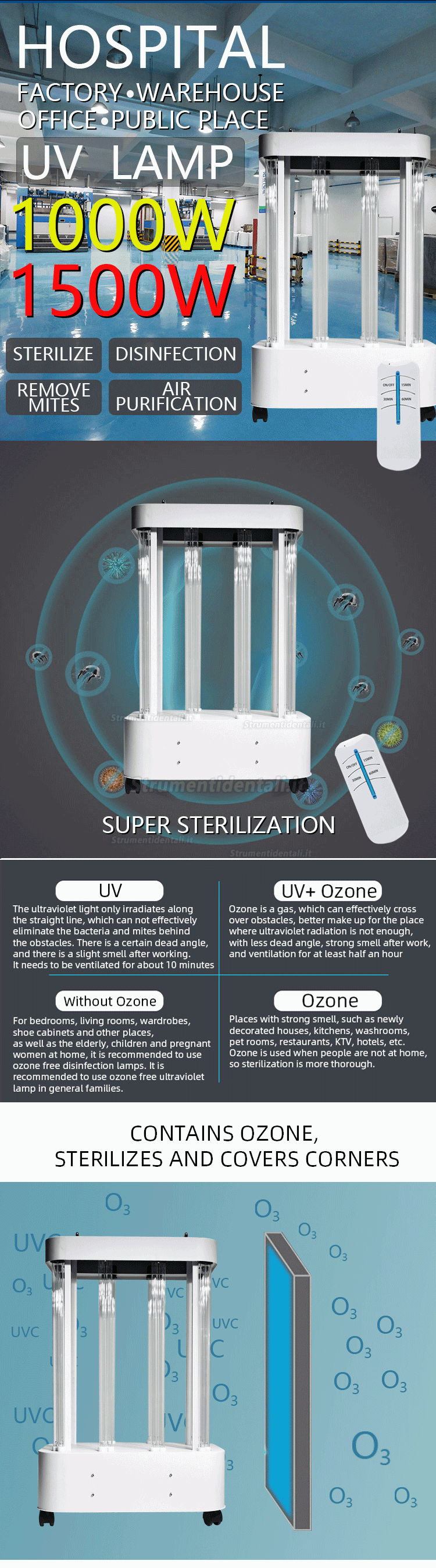 1000-1500W UVC Lampada Sterilizzazione Mobile per Grandi Spazi Ospedalieri, Hotel, Ufficio, Magazzino