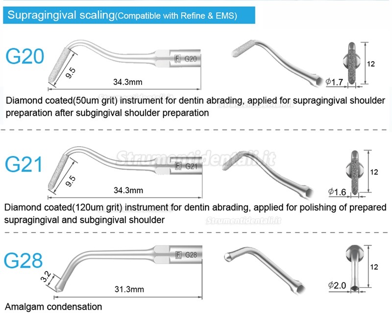 5Pz Refine® Inserti piezo per endodonzia G20 G21 G30 G31 G32 G33 G35 compatible con REFINE EMS Woodpecker