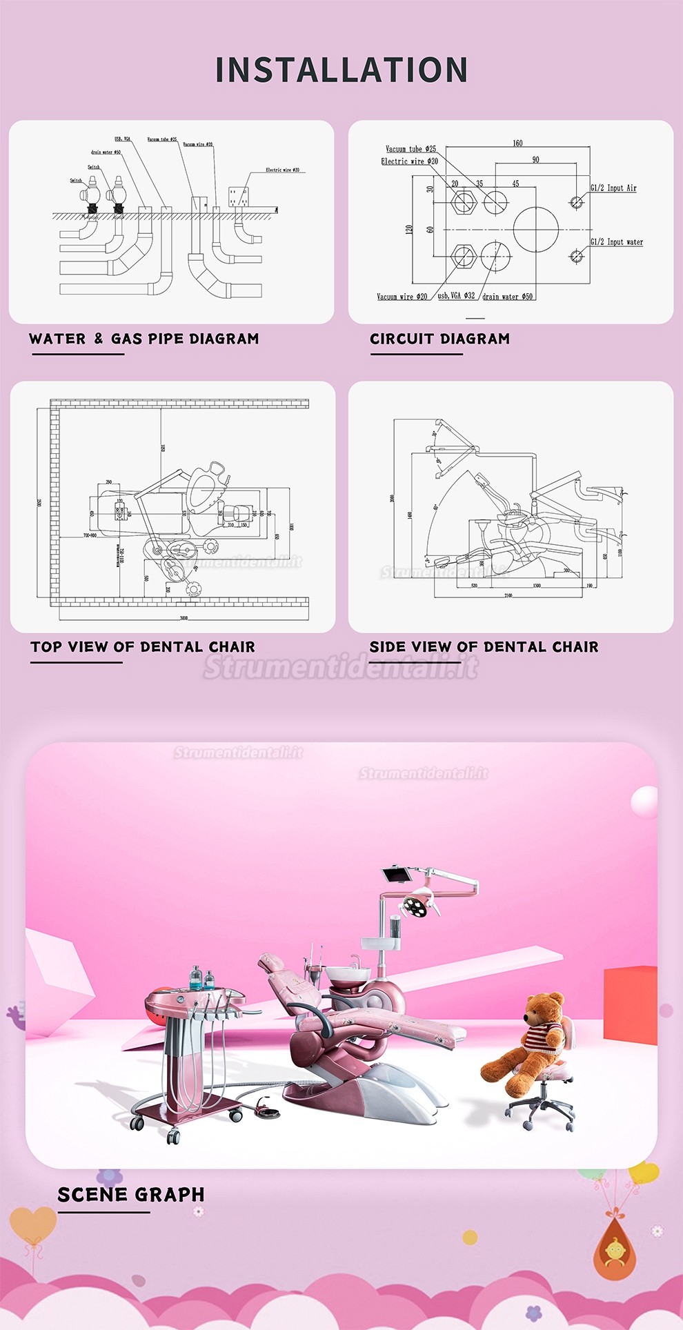 Riunito odontoiatrico rosa per bambini / Unità odontoiatrico di trattamento pediatrico Safety® M10+