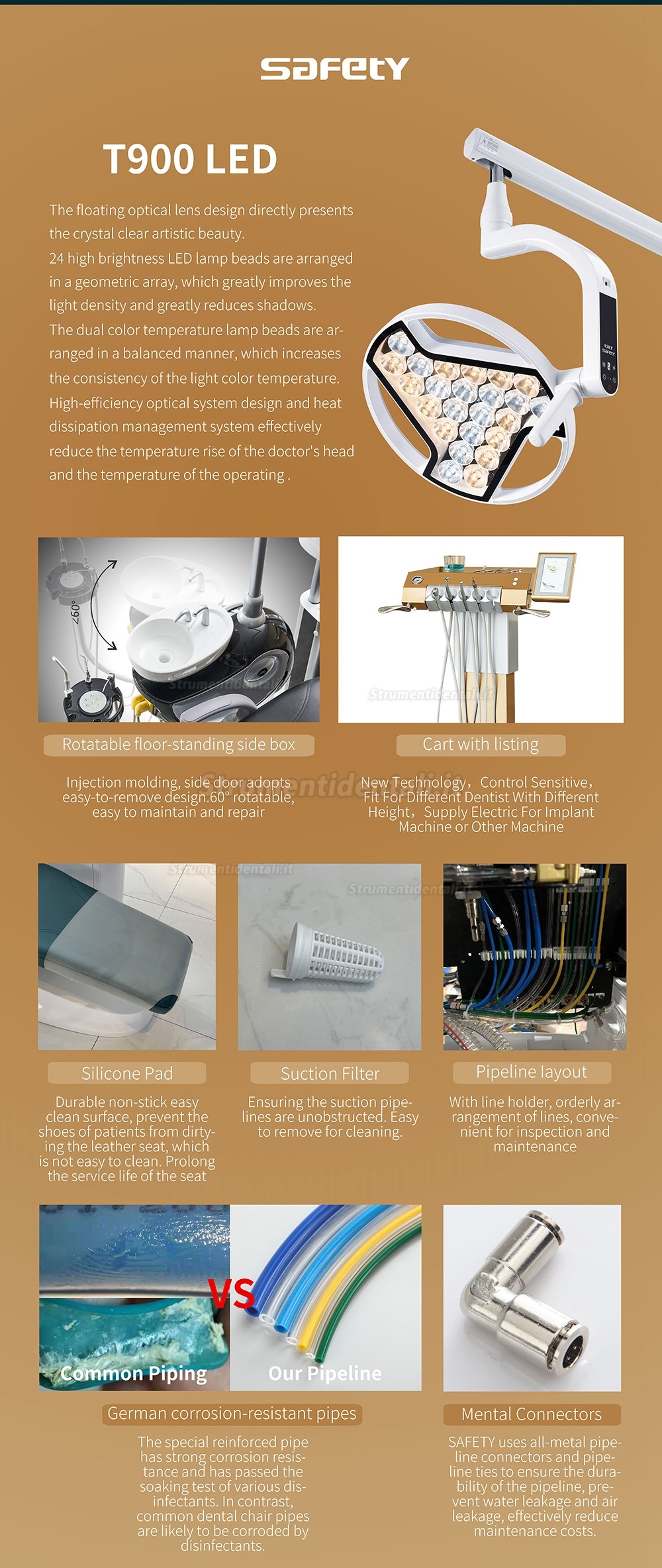 Safety® M9+ riuniti chirurgica odontoiatrici per impianti dentali / Poltrona di trattamento implantare con carrello e pannello schermo