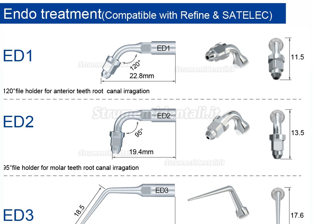 10Pz Refine® Inserti piezo per endodonzia ED1 ED2 ED3 ED4 ED5 ED6 ED7 ED8 ED9 ED10 ED11 ED14 ED15 Compatible con SATELEC NSK DTE GNATUS