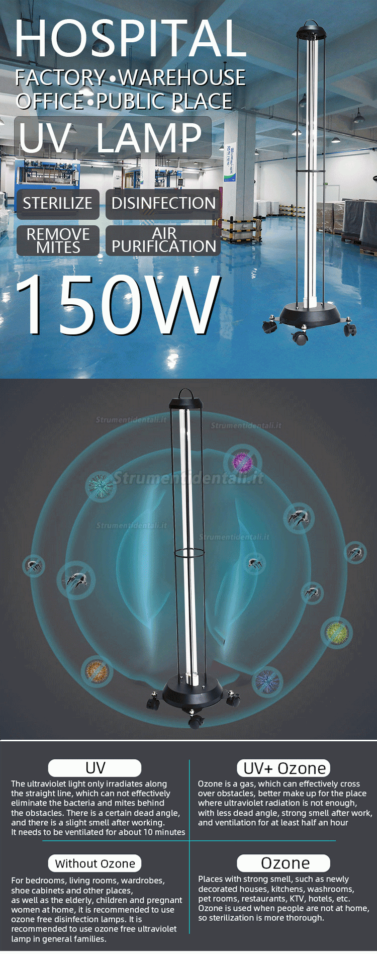 150W Commerciale UV Luce Disinfettante Carrello Ultravioletto Carrello Lampada Germicida UVC Sterilizzatore con Sensori Radar