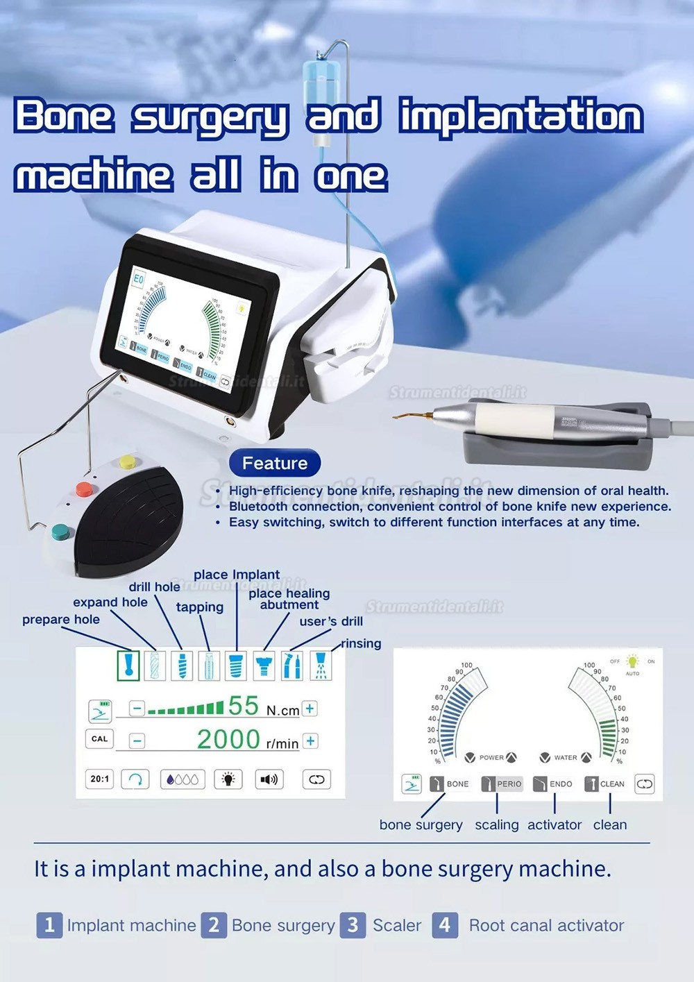 Due in uno Attrezzatura per impianti dentali XLY-ZZJ300 (motore piezoelettrico e motore impianti) Due in uno Attrezzatura per impianti dentali XLY-ZZJ300 (motore piezoelettrico e motore impianti)