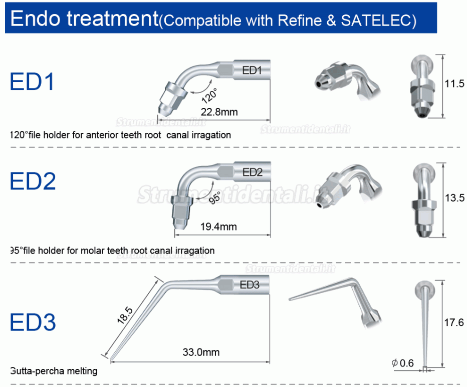 5Pz Refine® Inserti piezo per endodonzia E3D E4D E5D E10D E11D E12D E14D E15D compatibile con Woodpecker EMS