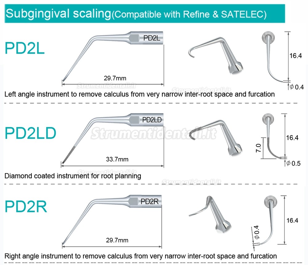 10Pz Refine® Inserti piezo per parodontologia PD2L PD2LD PD2R PD2RD PD5 PD6 PD7 PD8 PD10 compatible con SATELEC NSK DTE GNATUS